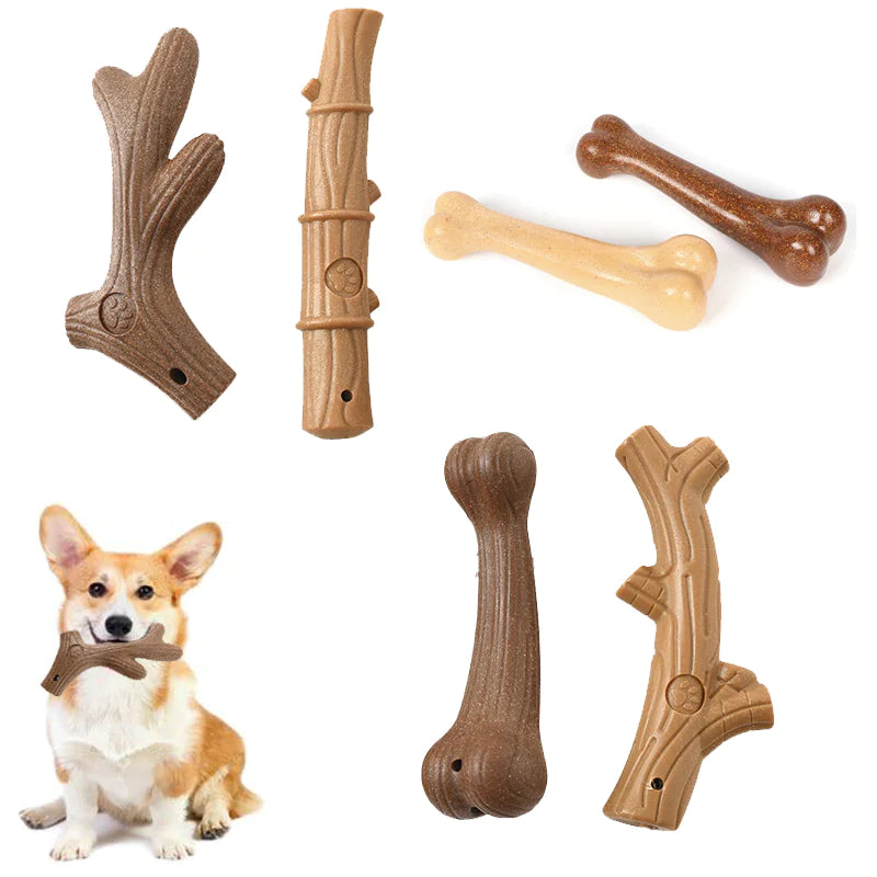 Juguete masticable duradero de madera de pino para perros - Forma de hueso interactivo